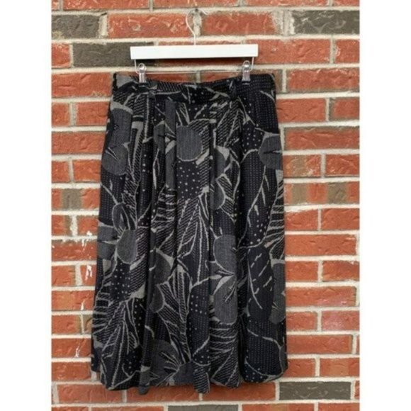 Vintage 100% Wool Pleated Dark Floral High Waisted Tailored Midi Skirt Large - Picture 2 of 6